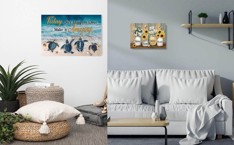 Two framed art pieces displayed in a living room setting: one with turtles on a beach and inspirational text, the other with sunflowers in jars.