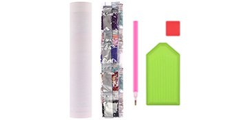 Diamond painting kit contents including a rolled canvas, diamond bags, pink applicator pen, red wax cube, and green tray.