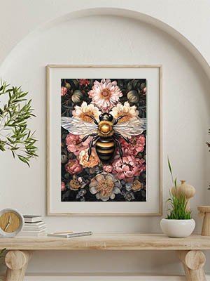 Framed diamond painting of a bee with iridescent wings surrounded by pink and yellow flowers, displayed on a shelf.