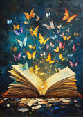 Open book with colorful butterflies emerging from pages, set against a dark, starry background.