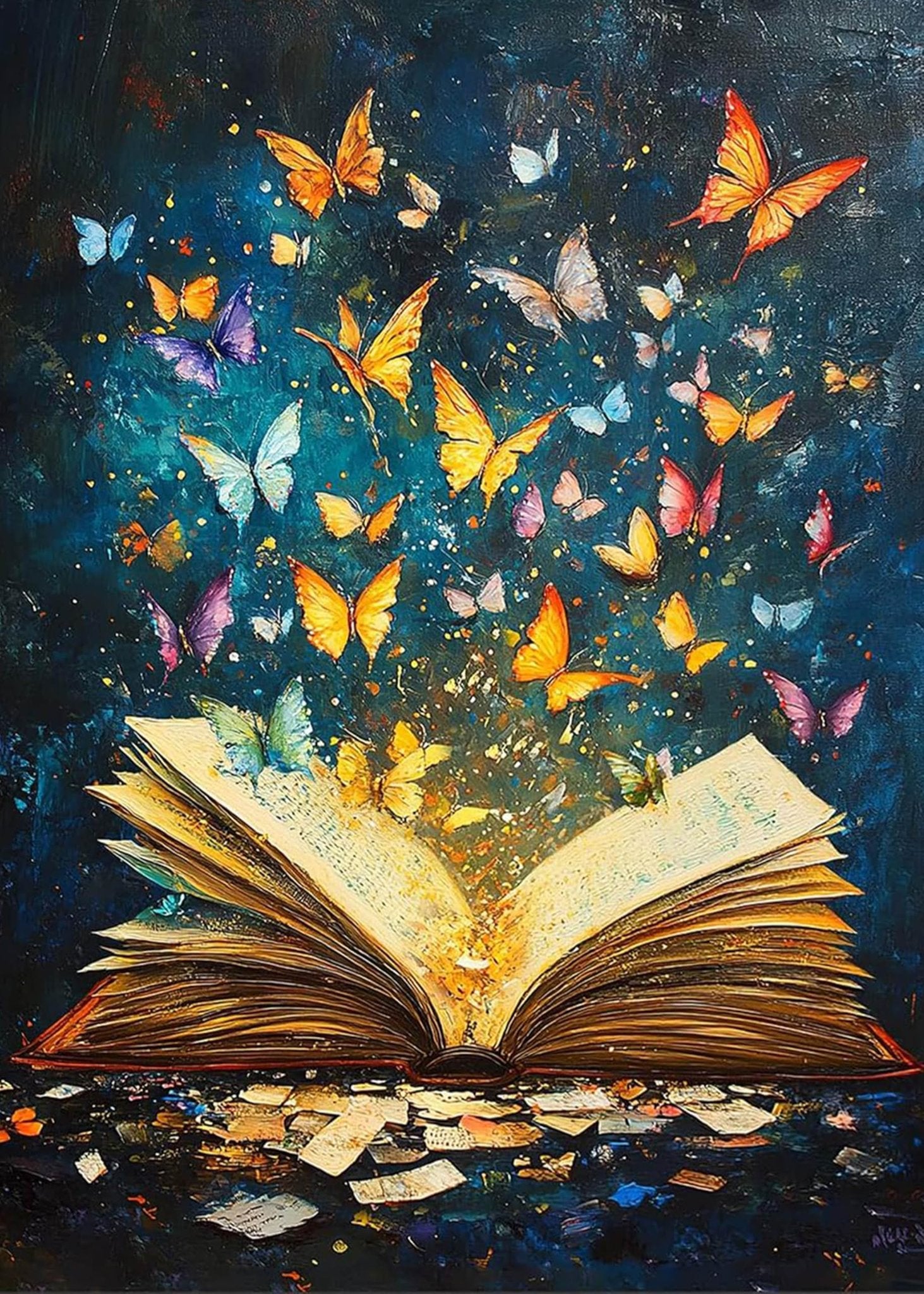 Open book with colorful butterflies emerging from pages, set against a dark, starry background.