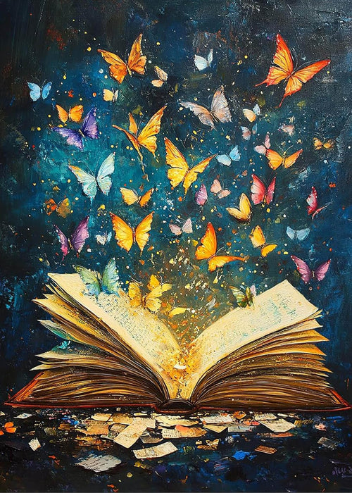 Open book with colorful butterflies emerging from pages, set against a dark, starry background.