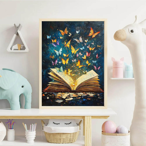 Diamond painting kit featuring an open book with butterflies emerging from its pages, displayed in a room with toys.