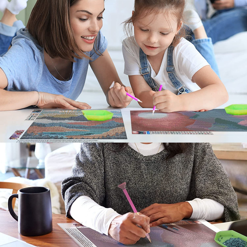 Mother and daughter doing diamond painting kit, woman doing diamond painting kit at table