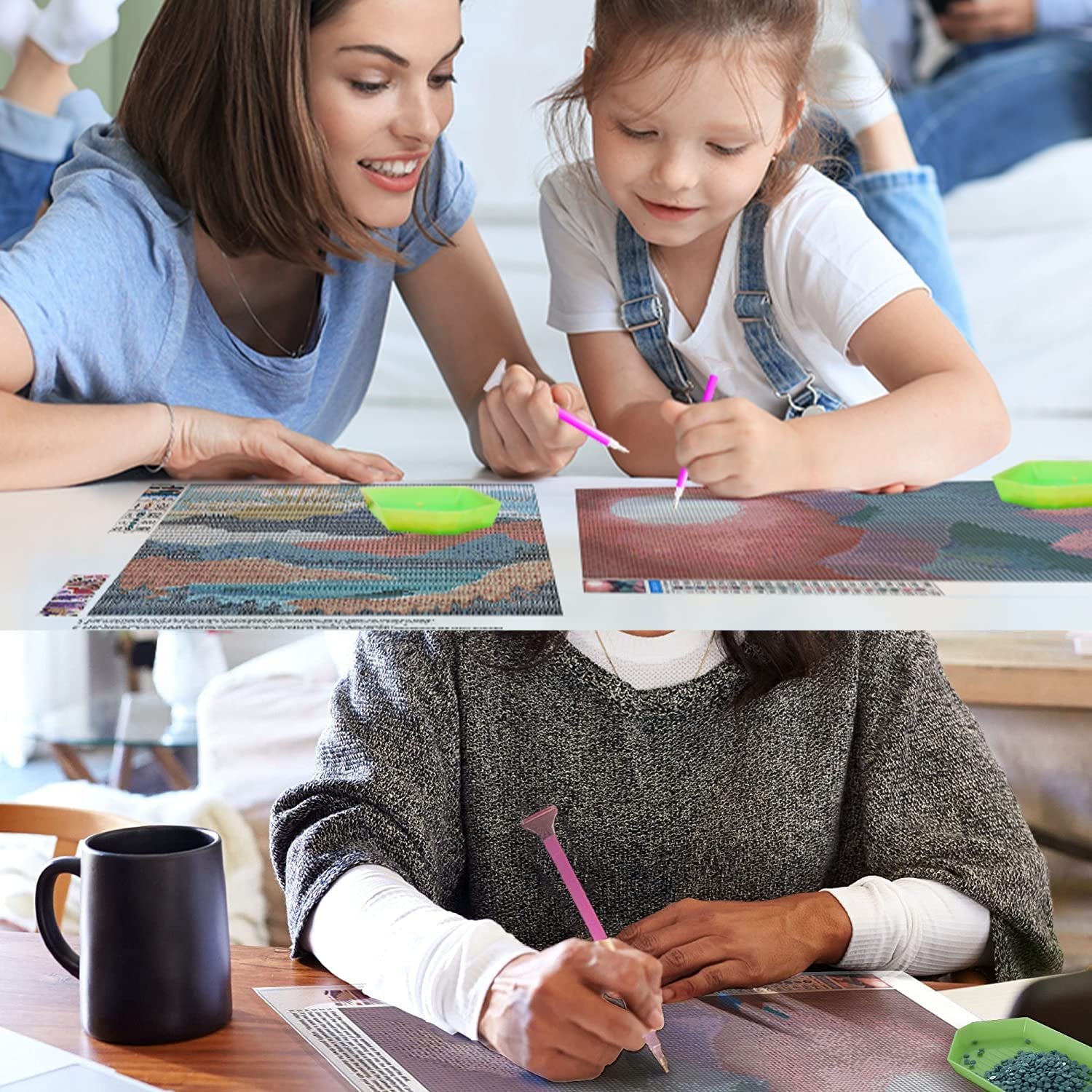 Mother and daughter doing diamond painting kit, woman doing diamond painting kit at table