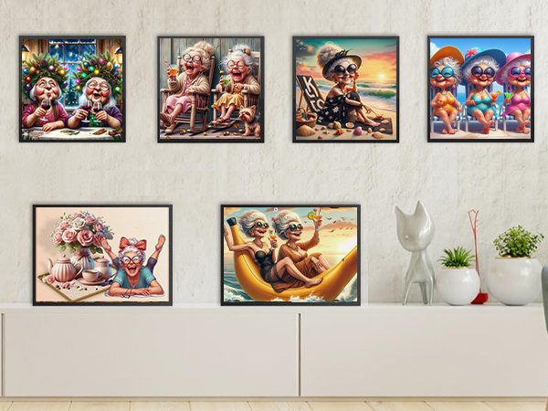 Six framed diamond art paintings featuring cartoon grandmas in various humorous scenarios.