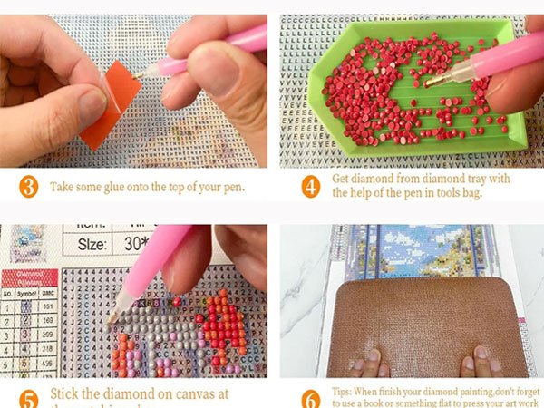 Diamond painting kit instructions showing steps 3-6: applying glue, picking up diamonds, placing diamonds, and pressing the finished artwork.