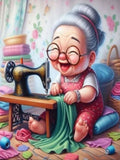 Cartoon grandma with glasses happily sewing on a vintage sewing machine surrounded by fabric scraps and colorful threads.