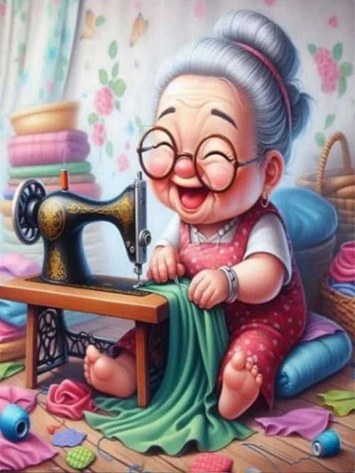 Cartoon grandma with glasses happily sewing on a vintage sewing machine surrounded by fabric scraps and colorful threads.