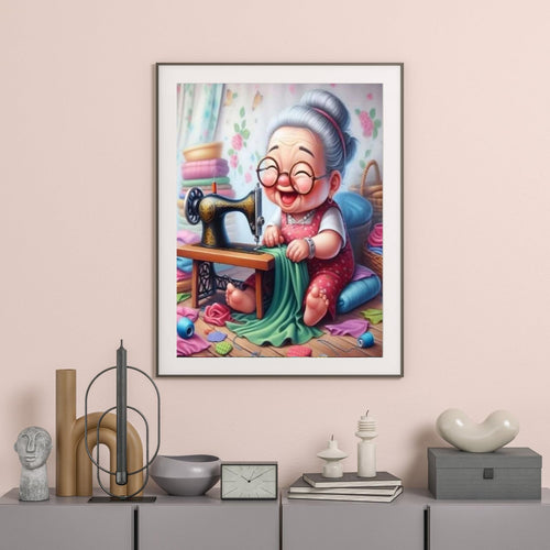 Cartoon grandma with glasses sewing on a vintage sewing machine surrounded by fabric scraps and thread.