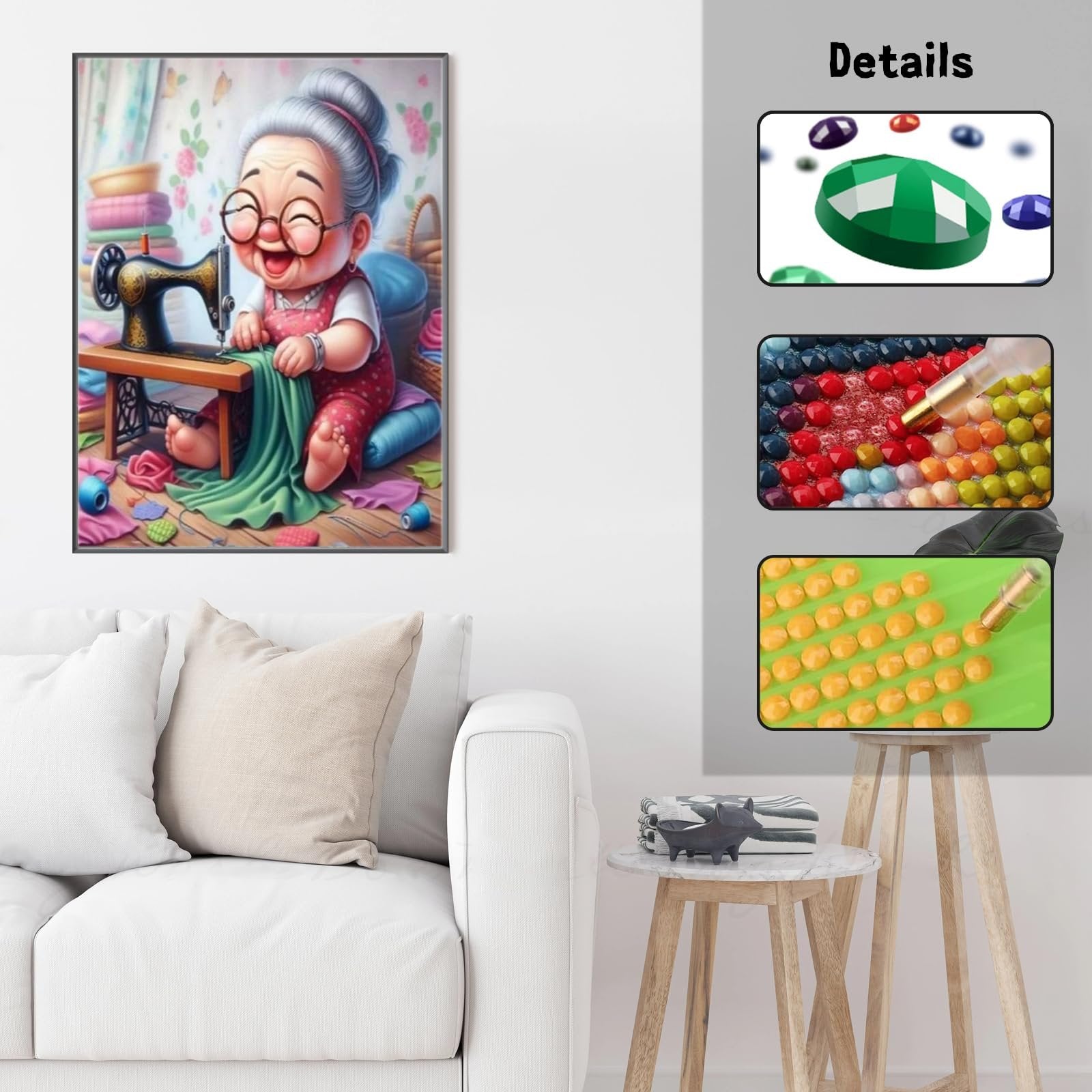 Diamond art kit with cartoon grandma sewing, showing gems and application tool