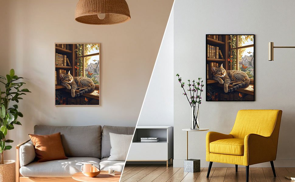 Diamond painting of a sleeping cat on a windowsill with bookshelves and butterflies, displayed in two different living room settings.