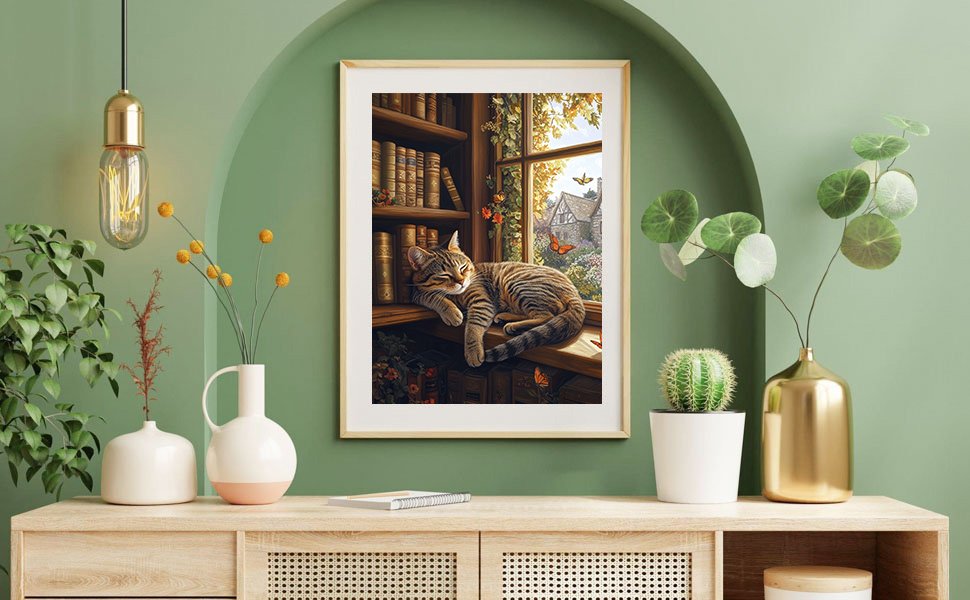 Framed diamond painting of a tabby cat sleeping on a windowsill next to bookshelves, with butterflies outside the window.