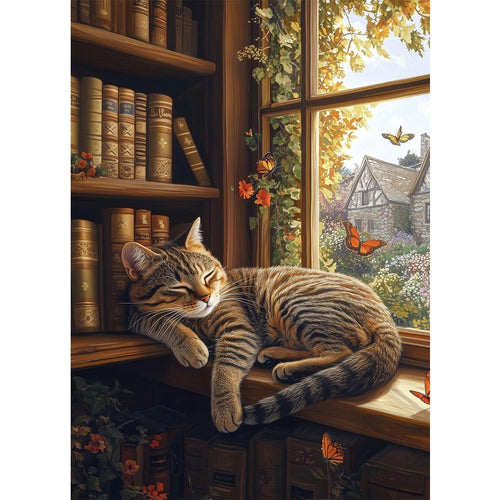 Tabby cat sleeping on a bookshelf next to a window with butterflies and a cottage view