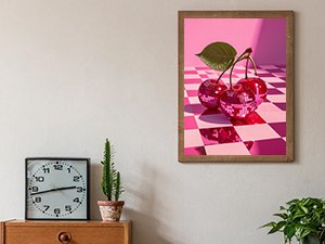 Framed diamond painting artwork of three shiny cherries on a pink and white checkered surface with a green leaf.