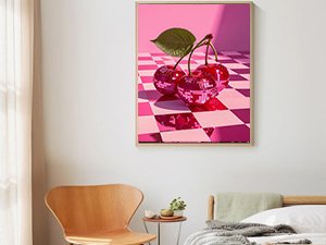 Framed diamond painting kit artwork of three sparkling cherries on a pink checkered surface.