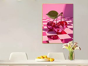 Diamond painting kit featuring three disco ball cherries on a pink checkered floor, with a green leaf.