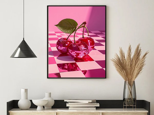 Three disco ball cherries with a leaf on a pink and white checkered surface, framed art.