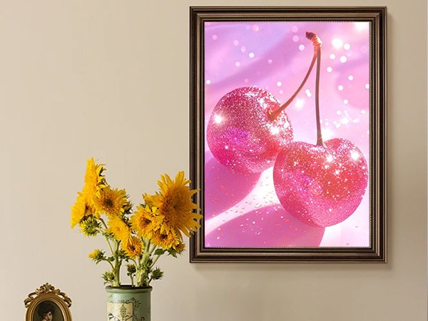 Framed diamond painting of two glittery pink cherries against a sparkling pink background.