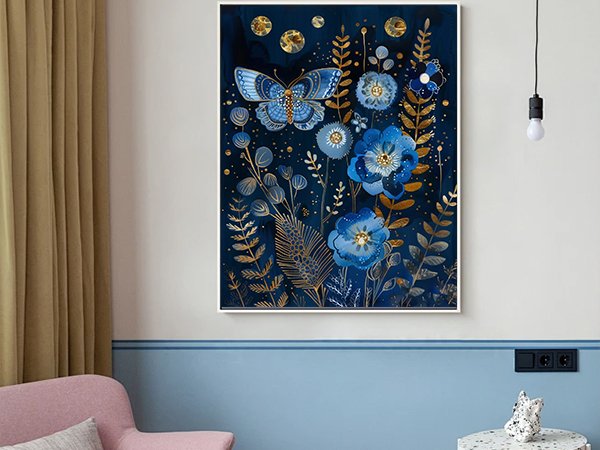 Diamond painting kit artwork featuring a blue butterfly and flowers with gold accents, displayed on a wall.