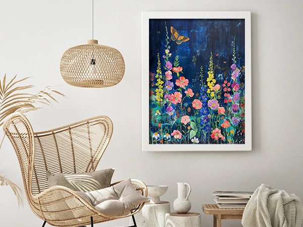Framed floral painting with butterflies and wildflowers on a dark blue background, displayed in a living room setting.