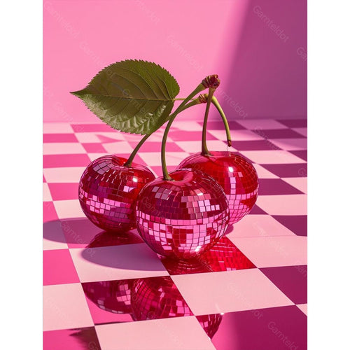 Three disco ball cherries with a leaf on a pink and white checkered surface.