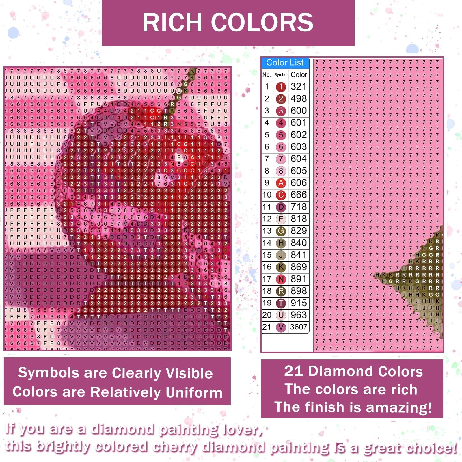 Diamond painting kit color chart and symbol guide with text overlays.