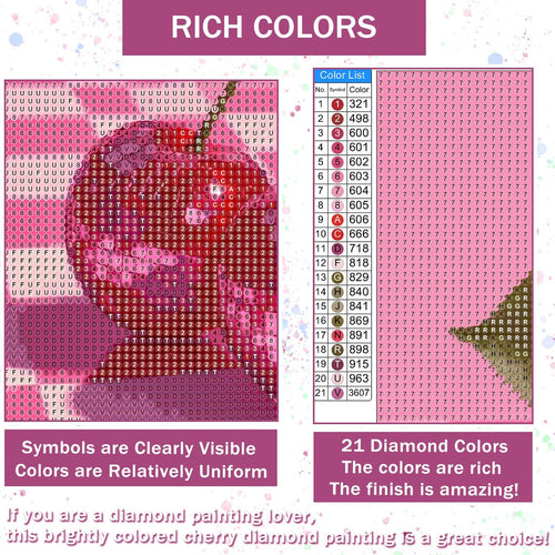 Diamond painting kit color chart and symbol guide with text overlays.