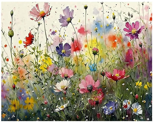 Watercolor painting of colorful wildflowers in a field with a soft, blurred background.