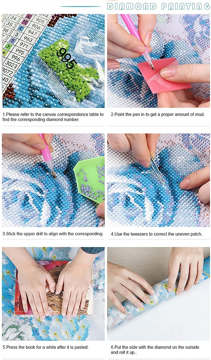 Diamond painting kit instructions showing steps: finding diamond numbers, applying mud, sticking drills, correcting patches, pressing, and rolling.