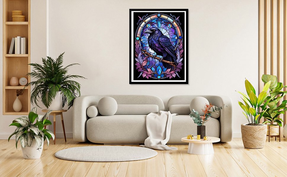 Framed stained glass style raven artwork hanging on a wall above a sofa in a living room setting.