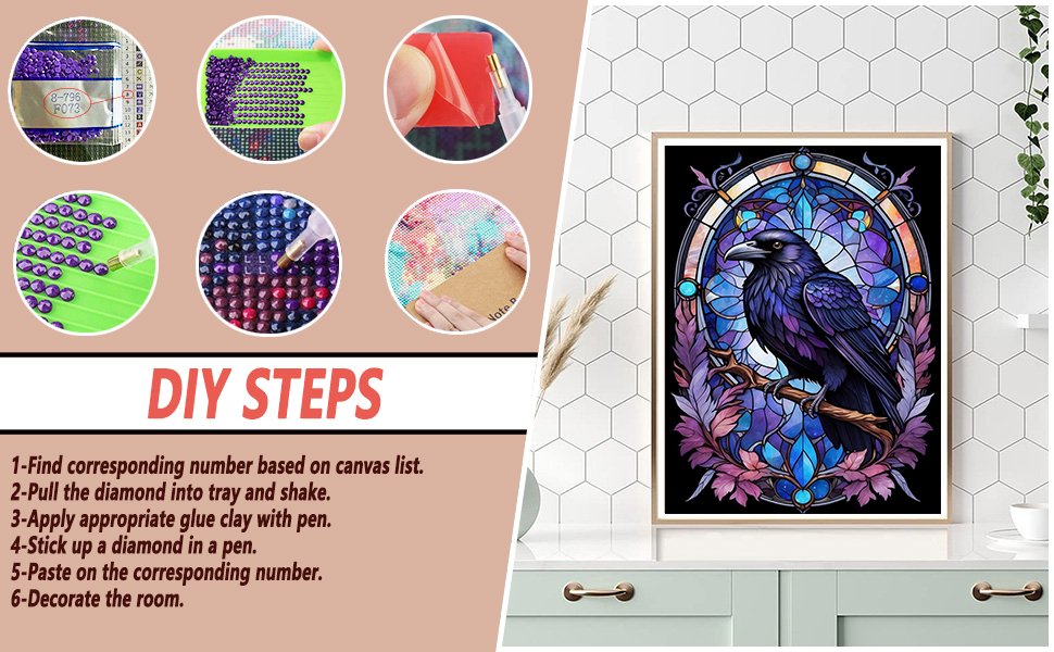 Diamond painting kit showing steps and finished crow artwork. Includes diamond sorting, application, and final framed piece.