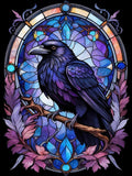 Diamond painting kit design featuring a raven perched on a branch against a stained glass background with floral accents.