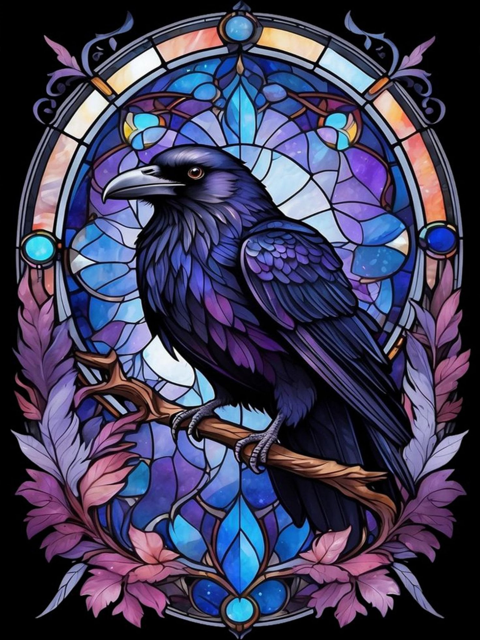 Diamond painting kit design featuring a raven perched on a branch against a stained glass background with floral accents.
