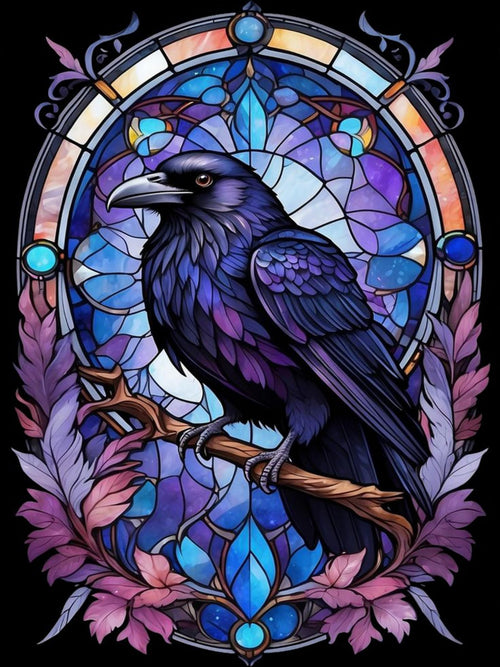 Diamond painting kit design featuring a raven perched on a branch against a stained glass background with floral accents.