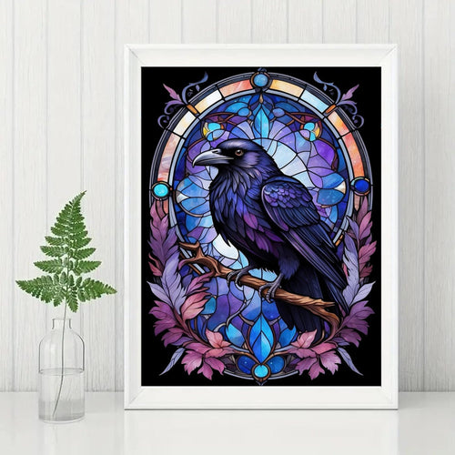 Diamond painting kit featuring a purple raven perched on a branch against a stained-glass-style background.