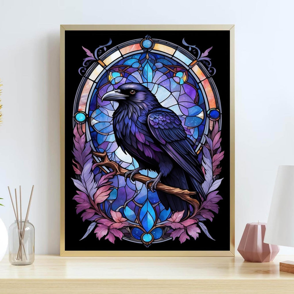 Diamond painting kit featuring a purple raven perched on a branch against a stained-glass-style background.