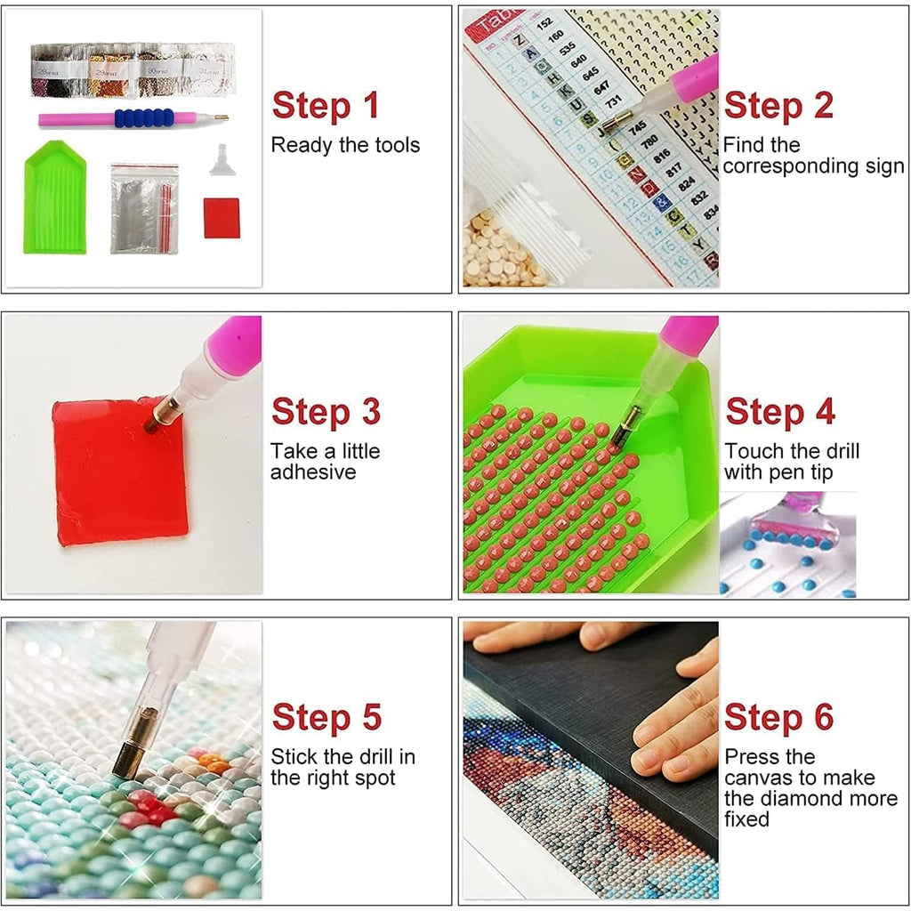 Diamond painting kit instructions showing 6 steps: gathering tools, finding symbols, applying adhesive, touching drill with pen, sticking drill, and pressing canvas.