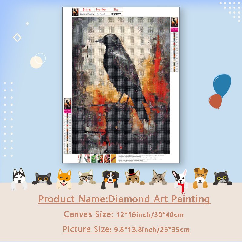 Diamond painting kit featuring a crow perched on a branch against a textured background, with color chart and size information.