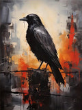 Abstract painting of a black crow perched on a dark surface with a background of orange and gray splatters.