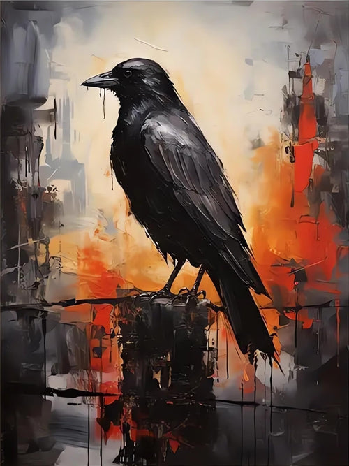 Abstract painting of a black crow perched on a dark surface with a background of orange and gray splatters.