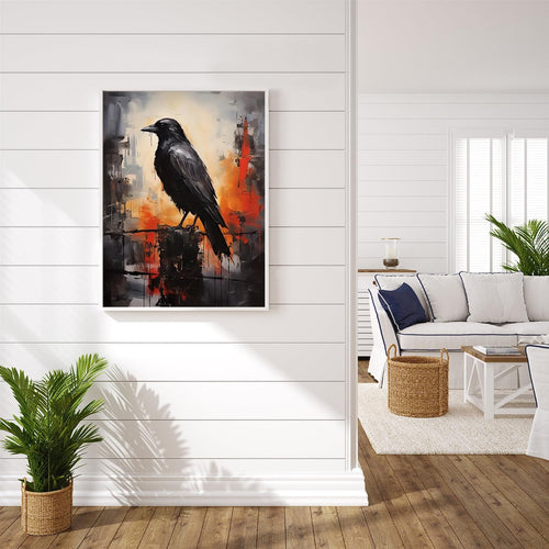 Abstract painting of a black crow on a perch with an orange and gray background, displayed in a modern living room.