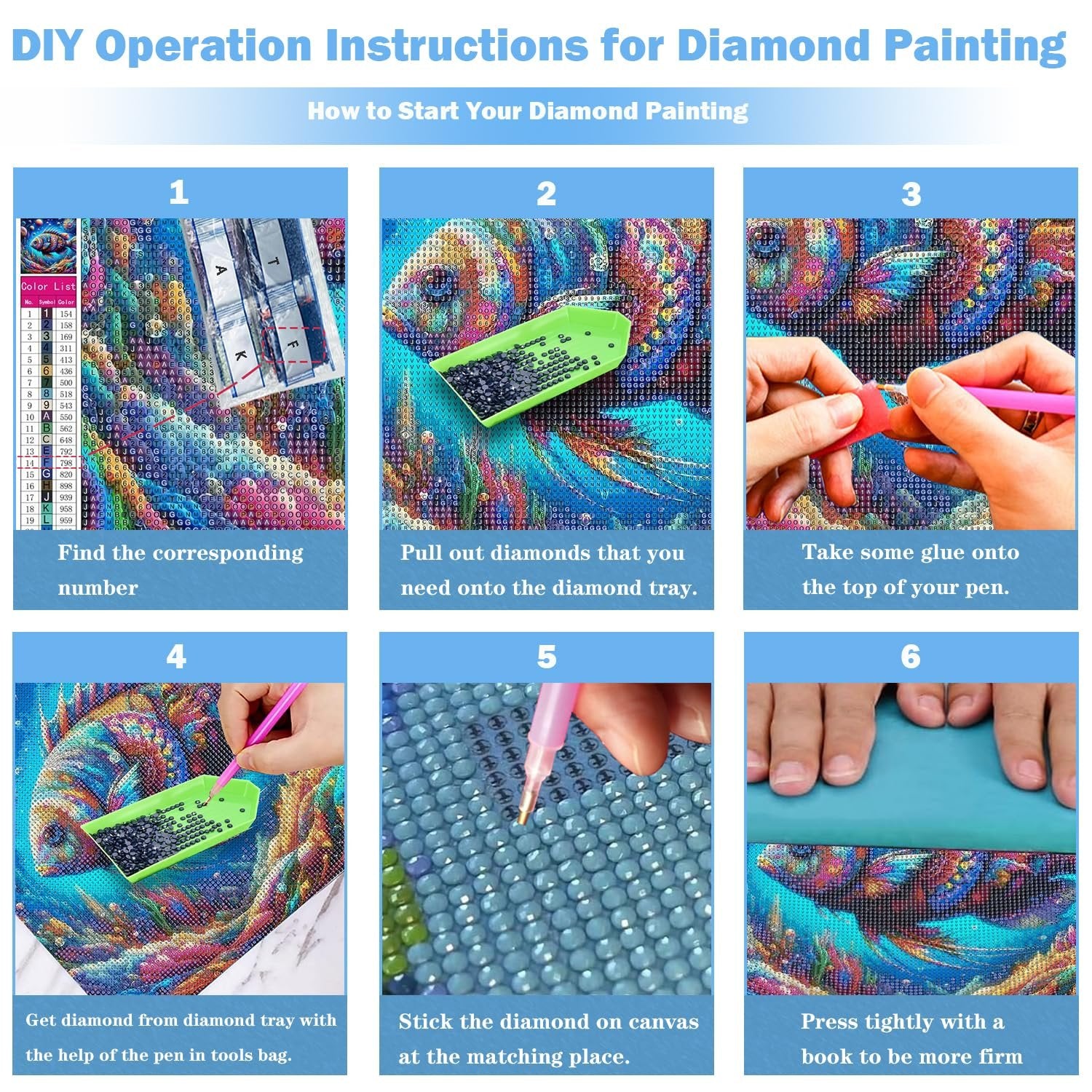 Diamond painting operation instructions showing 6 steps: color list, pulling diamonds onto tray, applying glue to pen, picking up diamonds, sticking diamonds, and pressing the canvas.