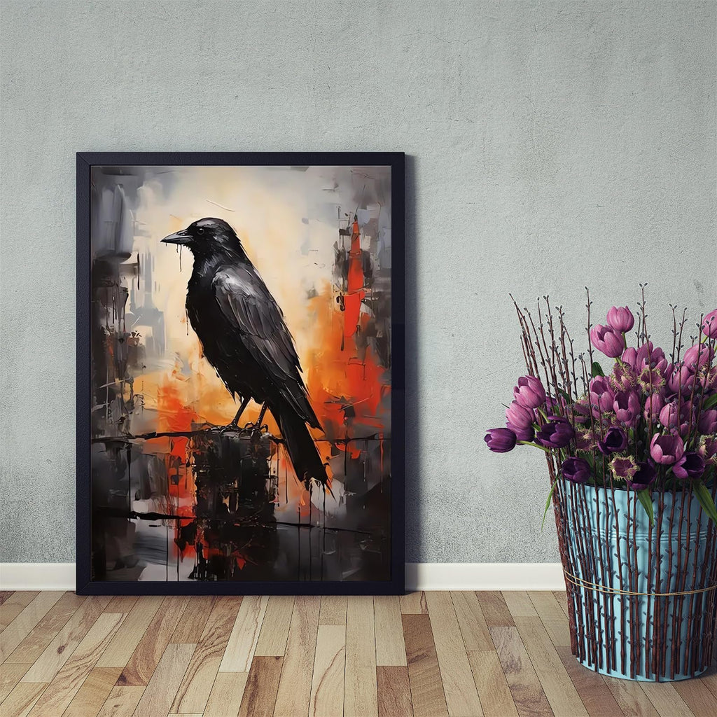 Framed crow painting with abstract background, displayed on a wooden floor next to a vase of purple tulips.