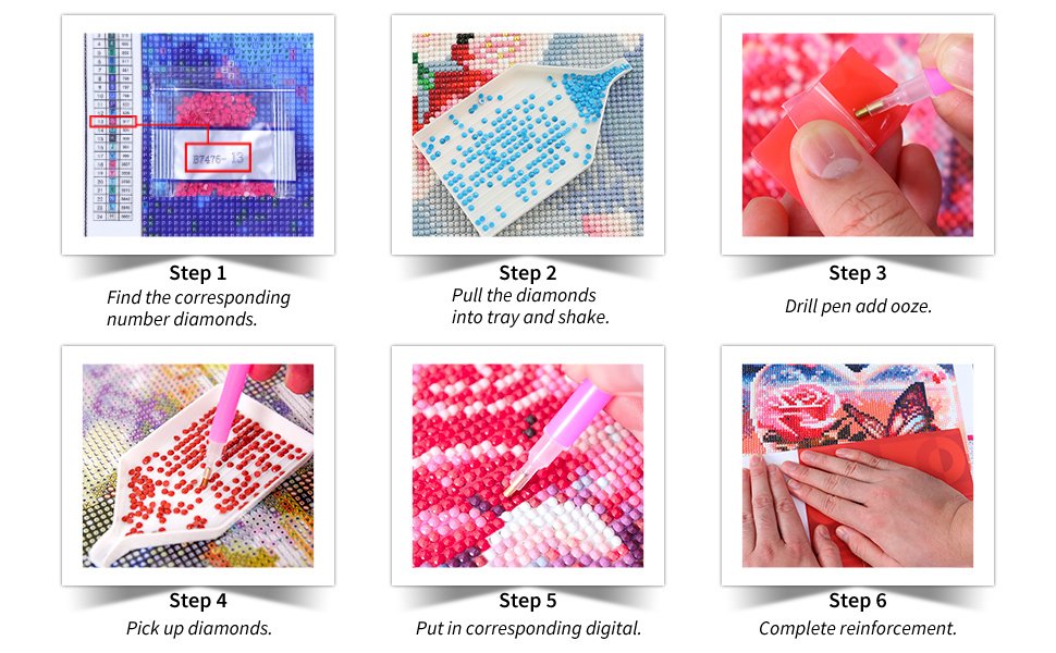 Diamond art kit instructions showing 6 steps: finding diamonds, shaking into tray, using drill pen, picking up diamonds, placing diamonds, and reinforcing the artwork.