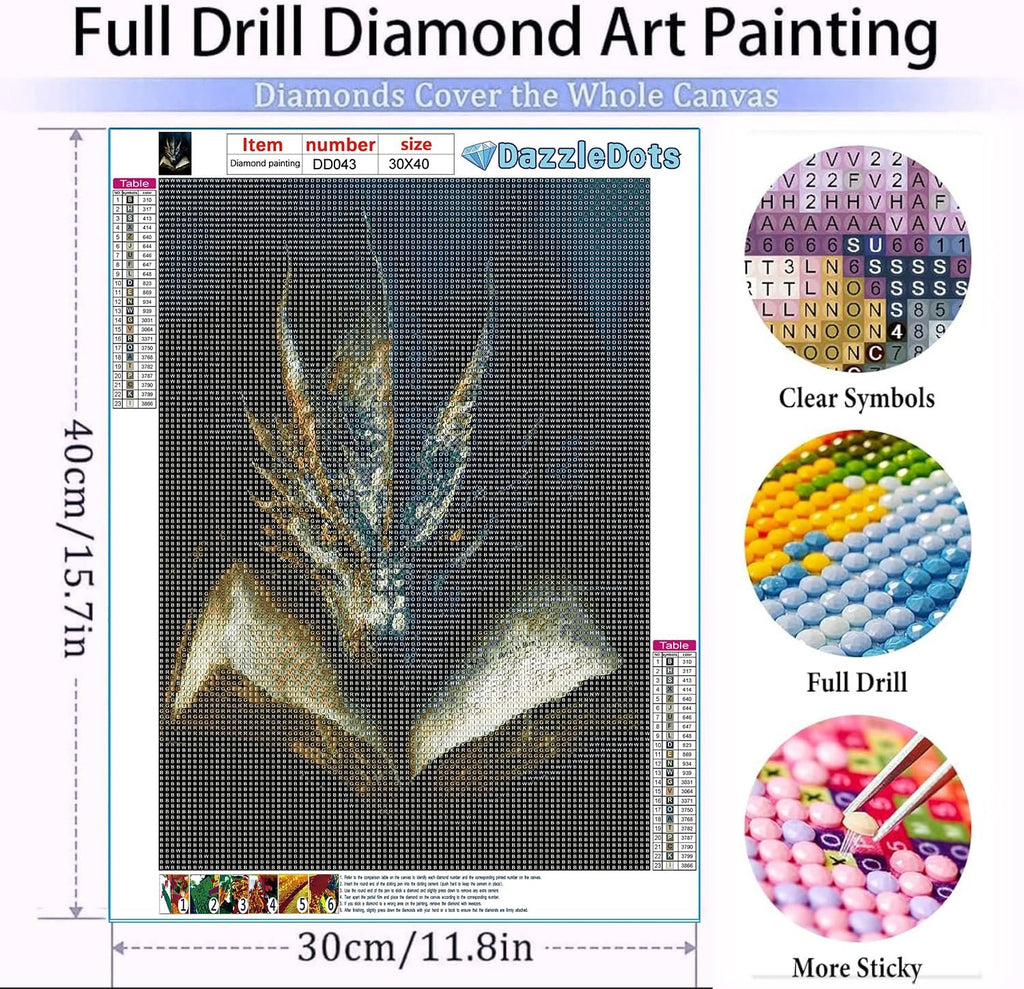 Full drill diamond art painting kit featuring a dragon design with symbol key and diamond color examples.