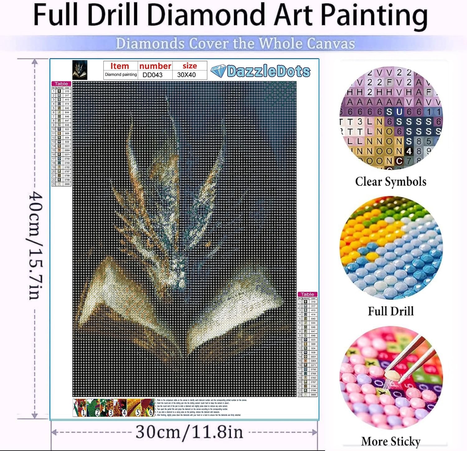 Full drill diamond art painting kit featuring a dragon design with symbol key and diamond color examples.