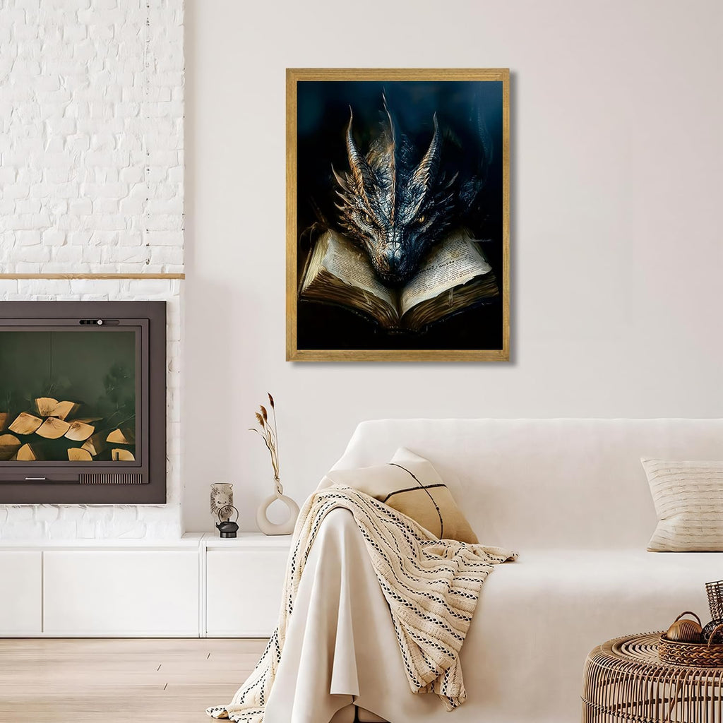 Framed diamond art painting of a dragon's head emerging from an open book, displayed above a sofa.