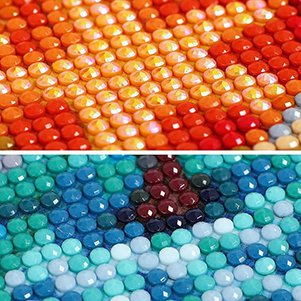 Close-up of two sections of a 5D diamond painting kit, showing colorful round drills in orange, red, blue, and green hues.
