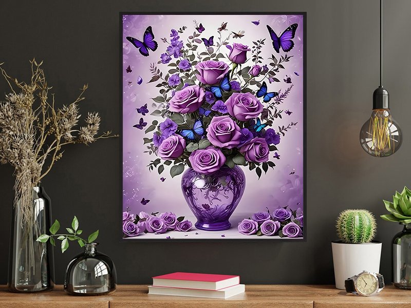 Framed 5D diamond art painting of purple roses and butterflies in a vase, displayed on a shelf.